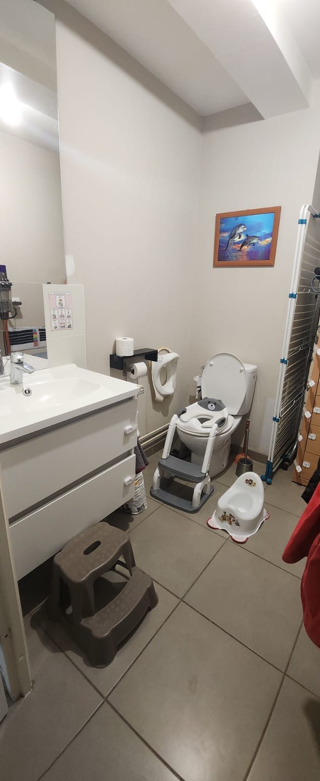 WC et lavabo aménagés pour les enfants : réducteur avec marches, pot, marchepied devant le lavabo et pictogrammes