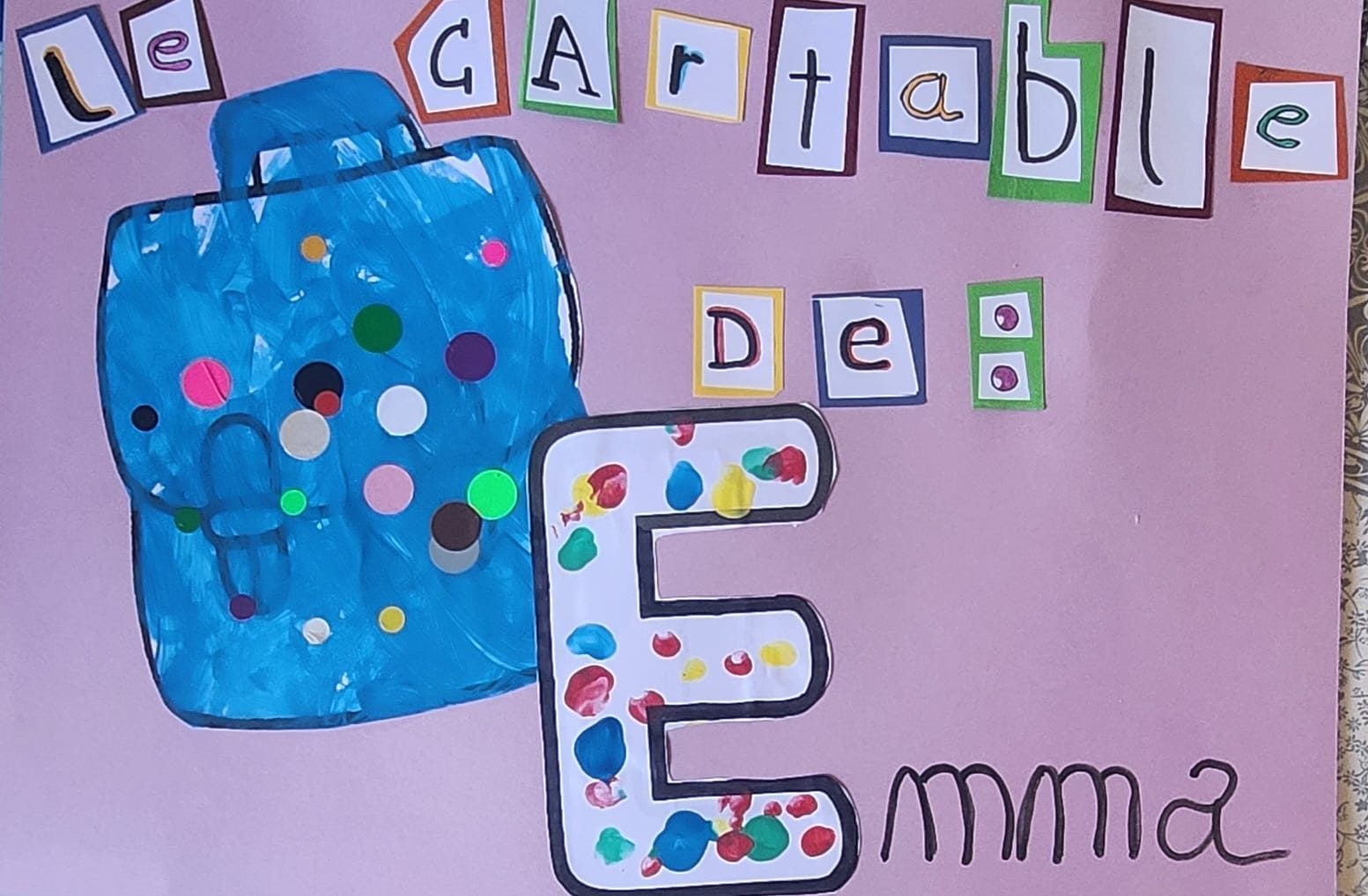 Affiche de la rentrée « Le cartable de… » : cartable peint en bleu, décoré de gommettes rondes, et grande lettre de l'in